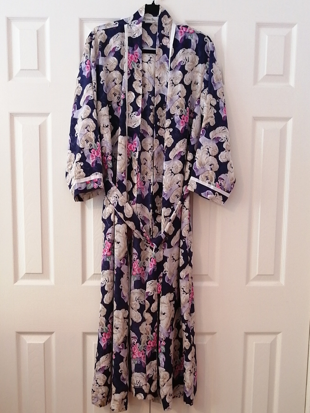 Vintage Christian Dior Navy Floral Long Robe Pockets Size S Polyester
